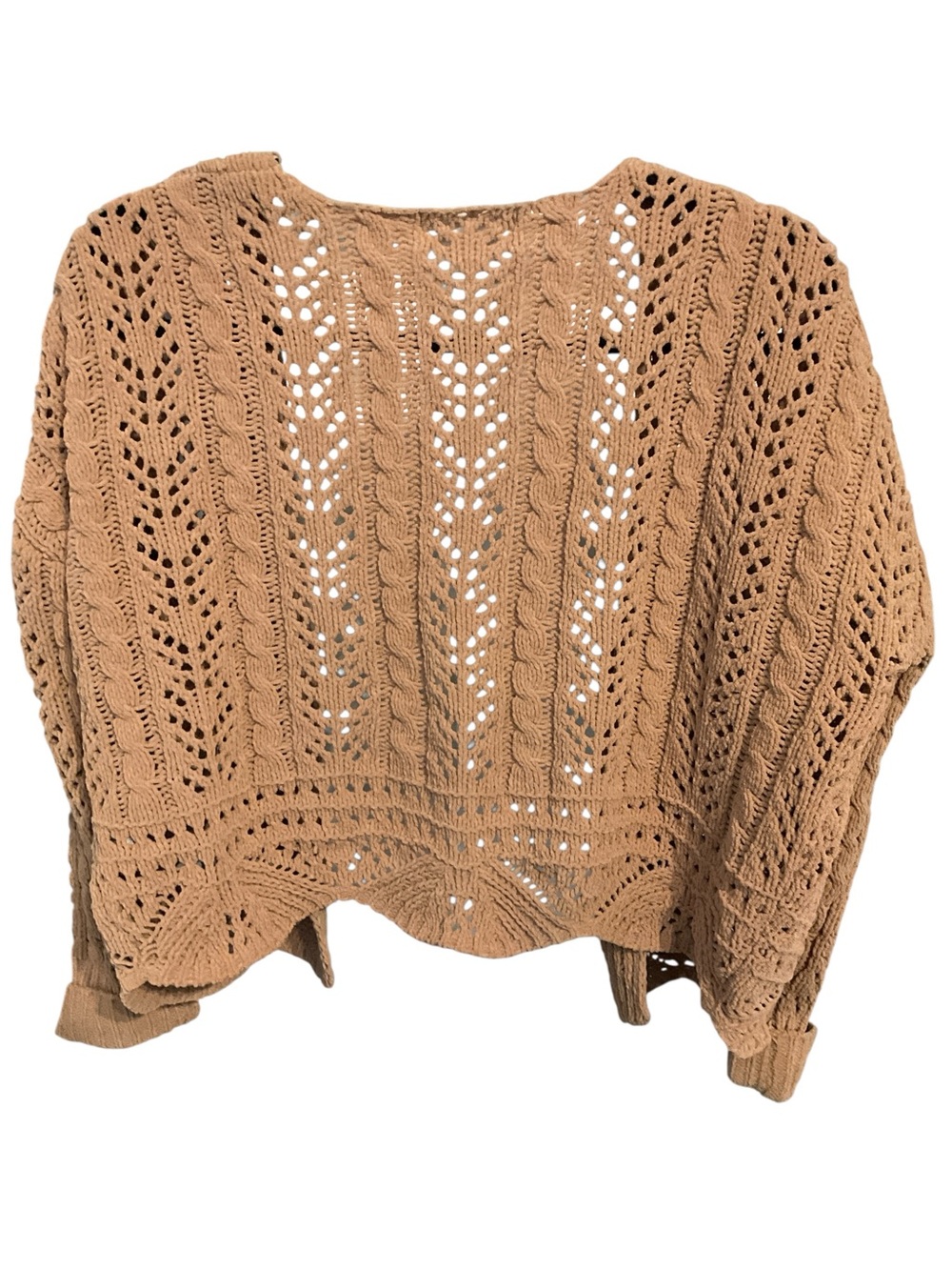 Jessica Simpson Open Knit L Cardigan Women’s Tan Brown Crochet Cable Boho A34 - Picture 3 of 5